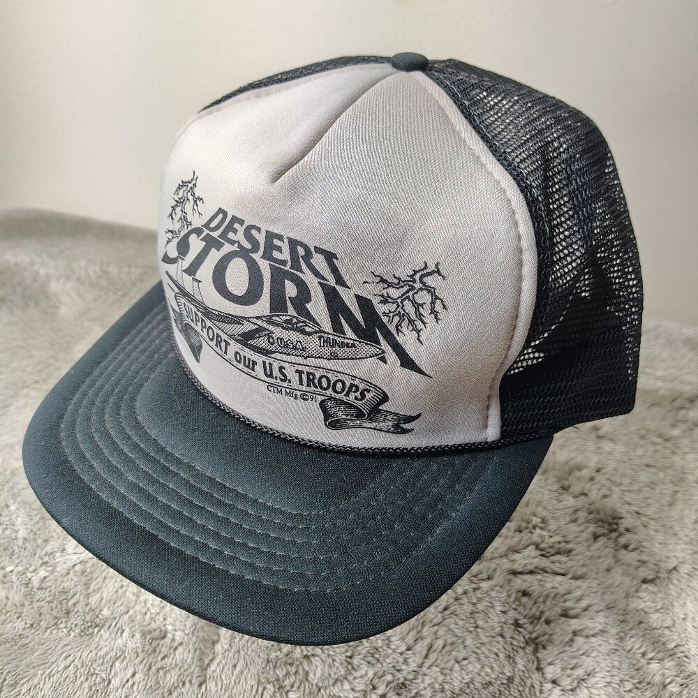 Vintage DESERT STORM Hat Snapback Adjustable Trucker Cap Jet Fighter Graphic